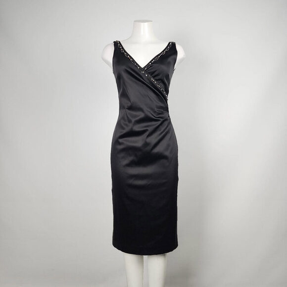 In Wear Black Satin Rhinestone Detail V-Neck Evening Dress Size 6 - Picture 1 of 11